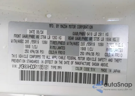 2024 Mazda Cx-90 3.3 Turbo Select из США, поврежденный, VIN JM3KKAHD0R1185181